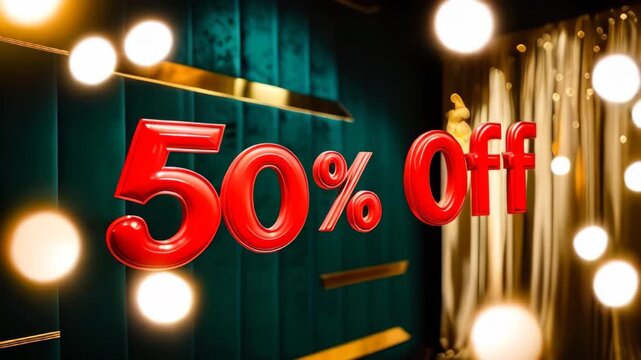 festive sale banner "50% off" in red on a blurred green and gold bokeh background. Christmas and ney year sale. Black Friday, Cyber Monday concept