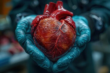 Human Heart Held by Advanced Medical Doctor, Dramatic Lighting, Realistic Details, Professional Attire, Futuristic Medical Equipment, High Resolution, Hyperrealistic, Dark Blue Background
