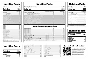 Nutrition Facts label template for food and beverages, showing daily values of calories, fat, carbohydrates, sugar, and vitamins. Nutrition Facts information for packaging. Vector