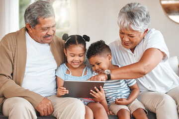 Grandparents, playing and tablet with grandchildren for fun, growth and development in home. Kids, technology and senior people for bonding, educational games and together for love, care and family