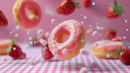 Pink Frosted Strawberry Donuts with Sprinkles, Floating, Sweet Dessert