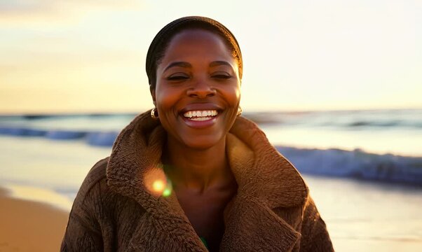 Portrait video of a pleased Nigerian black woman in her 50s wearing a warm parka against a beach background 