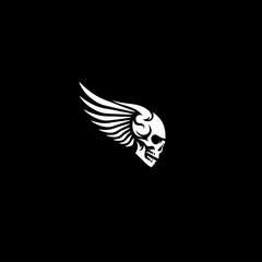 Obraz premium Skull with Wings, White on Black Background, Tattoo Design
