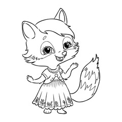 Cheerful little fox with a butterfly. Black and white linear drawing. Wildlife theme