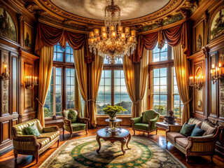 Obraz premium Elegant Victorian-style room with lavish antique furniture, rich drapery, and ornate chandeliers surrounded by numerous windows, including a grand bay window with stunning view.