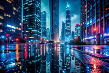 Obraz premium Moody urban nightscape captures city's sleek skyscrapers shimmering with raindrops on glass window, neon lights reflecting off wet pavement, darkness illuminated by city glow.