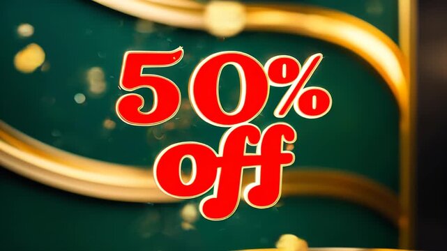 festive sale banner "50% off" in red on a blurred green and gold bokeh background. Christmas and ney year sale. Black Friday, Cyber Monday concept