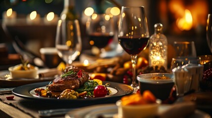 A cozy dinner table features a gourmet steak paired with red wine, surrounded by warm candlelight and festive decor, creating an inviting and luxurious dining experience.