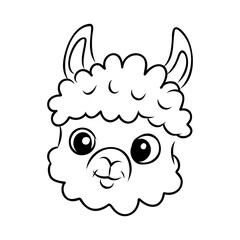 Simple cartoon llama drawing, black and white line icon. Cute vector clip art illustration.