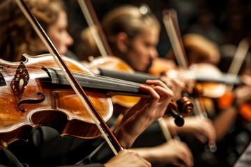 Violinists in an orchestra during a performance