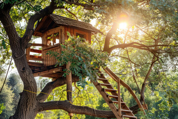 Wooden treehouse in sunlight, surrounded by green leaves