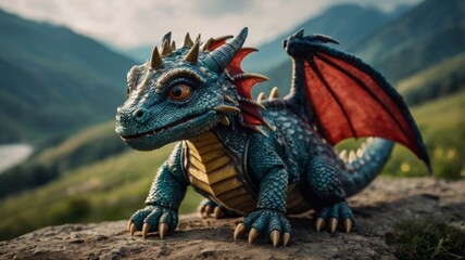 Adorable baby blue dragon in knight armor sitting in a mystical forest, perfect for fantasy and magical-themed projects.