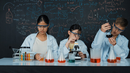 Cute girl looking under microscope while student doing experiment at blackboard with theory...