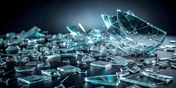 shattered glass pieces scattered across dark background Generative By AI, scattered, dark, shattered