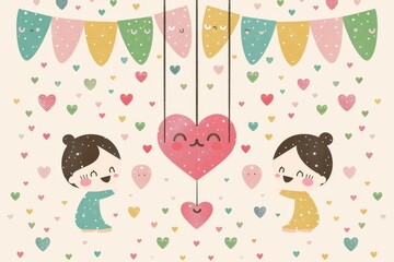 Cheerful cartoon family portrait flat design bright colors highlighting joy and unity in a playful modern setting