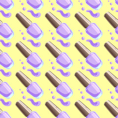 Vector seamless pattern of purple nail polish bottles, brushes, and splashes on a yellow background