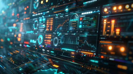 Obraz premium A computer screen with a lot of orange and blue lines, Digitally generated image of isometric data chart