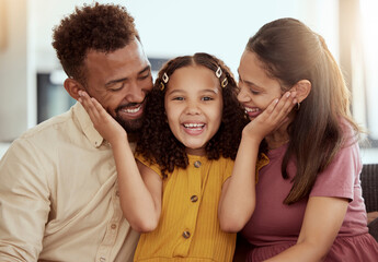 Portrait, young girl and parents for love, support and childcare with trust, together and happy in bonding. Affection, woman and daughter with man in embrace, connection and comfort as family in home