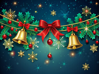 Vibrant red and green festive banner with golden bells and snowflakes, reading Christmas
