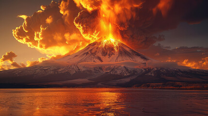 Fototapeta premium spectacular snow-capped volcano erupting into the setting sun