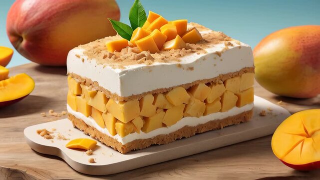 delicious mango cake displayed on a blue background, garnished with fresh mango cubes and mint leaves