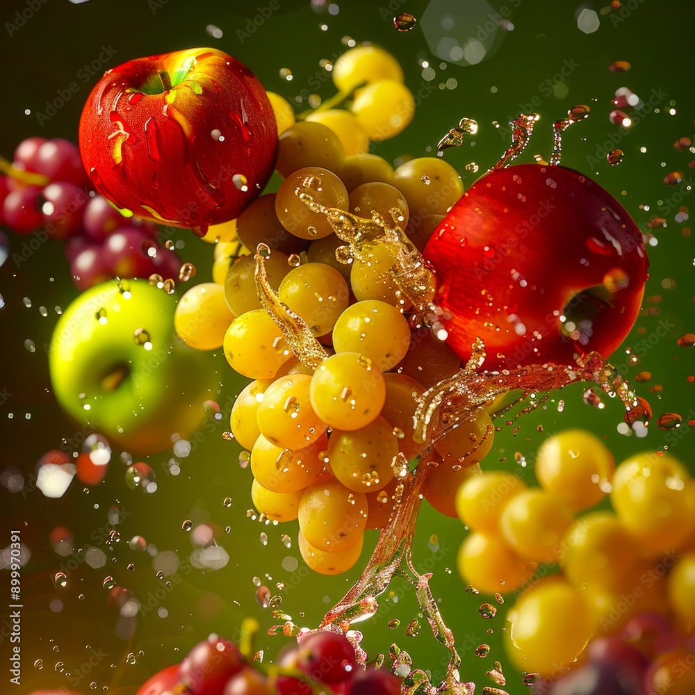 Wall mural Vibrant splash of fresh fruits. Apples and grapes caught mid-air. Artistic food photography, with vivid colors and sharp detail. Perfect for health, diet, and organic themes. AI