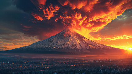 spectacular snow-capped volcano erupting into the setting sun