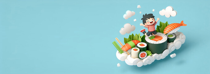 Fototapeta premium Banner with image of sushi roll in paper style. Background with food. Image of sushi.Generative AI