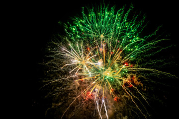 Fototapeta premium Holiday fireworks explode in the night sky. Selective focus.