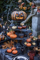 Obraz premium Halloween decorations, scary picture. Pumpkins and lanterns