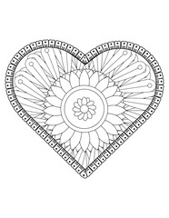 Heart with floral mandala pattern, heart mandala coloring page for adult, heart shaped mandala floral pattern for coloring book, hand drawn heart floral mandala doodle,  