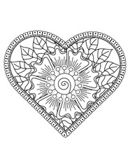 Heart with floral mandala pattern, heart mandala coloring page for adult, heart shaped mandala floral pattern for coloring book, hand drawn heart floral mandala doodle,  