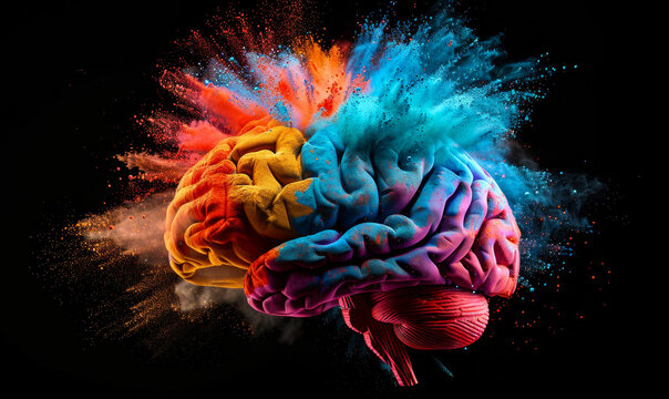 Vibrant Brain with Colorful Powder Explosion Illustrating Mental Health, Creativity, Innovation, and Exploding Ideas at Night