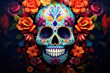 Mexican colorful sugar skull with floral makeup. Traditional calaca heads for Death celebration. Dia de los muertos. Traditional Mexican carnival, Santa Muerte concept for banner or greeting card