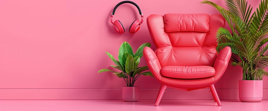 Gamepad Gaming Concept And Gaming Chair Console Hanging With Headphones On Pink , 3D , High Definition