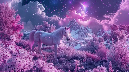 Wandcirkels Eenhoorn Magic unicorn in fantastic world with fluffy clouds and fairy meadows enchanting and whimsical scene mythical and magical creature vibrant and colorful landscape dreamy and ethereal atmosphere fantasy  ©  Mohammad Xte