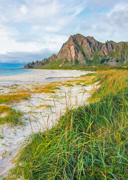 Scenic Bleik Beach on And&oslash;ya Island with white sands, turquoise waters, and dramatic cliffs under a cloudy sky. Concept: nature, travel, serenity, scanic landscapes. Norway