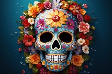 Mexican colorful sugar skull with floral makeup. Traditional calaca heads for Death celebration. Dia de los muertos. Traditional Mexican carnival, Santa Muerte concept for banner or greeting card