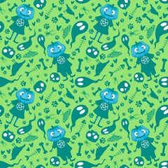 Fototapeta premium Halloween pumpkins seamless monsters pattern for wrapping paper and fabric