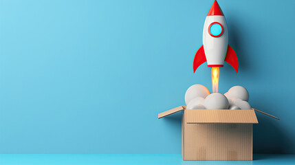 Rocket taking off from cardboard box on blue background creative and imaginative concept playful and whimsical scene vibrant and contrasting colors innovative and fun visual representation dynamic