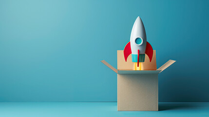 Rocket taking off from cardboard box on blue background creative and imaginative concept playful and whimsical scene vibrant and contrasting colors innovative and fun visual representation dynamic