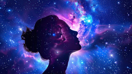 Obraz premium Universe meta human goddess spirit silhouette on galaxy space background mystical and ethereal scene celestial and cosmic setting vibrant and colorful galaxy stunning and otherworldly visual divine