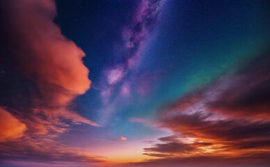 Fototapeta premium Atemberaubender Nachthimmel mit der Milchstraße und farbenfrohen Wolken bei Sonnenuntergang, die den Himmel in leuchtenden Farben erstrahlen lassen und eine magische Atmosphäre schaffen