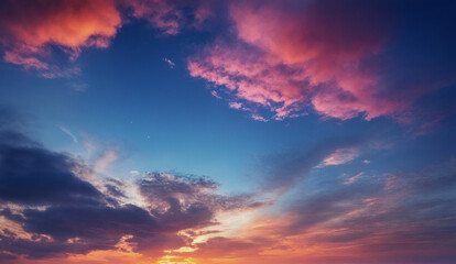 Fototapeta premium Wunderschöner Sonnenuntergang mit intensiven Farben und dramatischen Wolkenformationen, die den Himmel in ein lebendiges Farbspiel aus Blau, Rosa und Orange tauchen