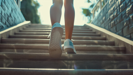 A woman is walking up a set of stairs in her white sneakers