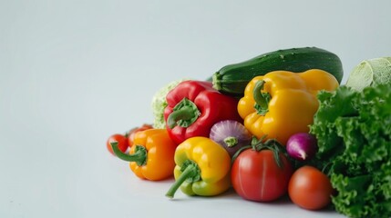 Colorful fresh vegetables placed on a white background. Vibrant bell peppers, tomatoes, zucchinis, and lettuce arranged in a healthy food style. Perfect for culinary, diet, and health stocks. AI