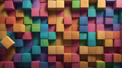 A colorful wall made of wooden blocks. The blocks are of different colors and sizes, creating a vibrant and lively atmosphere. The wall appears to be a creative and artistic piece