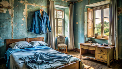 A deserted, cluttered bedroom with an empty, worn blue blouse tossed on the bedside, near an open window with faded curtains and worn furniture.