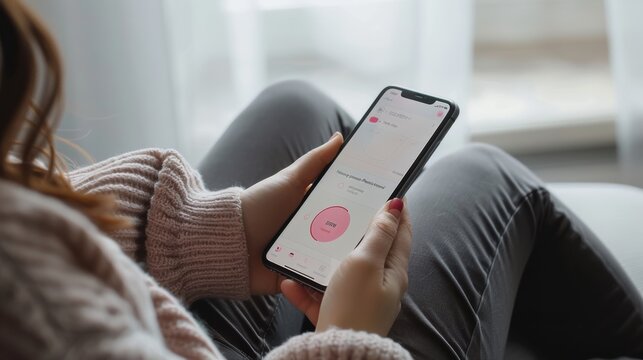 Woman relaxing at home using period tracker app