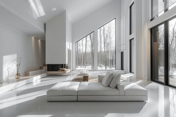 Minimalist and modern open living room with forest view